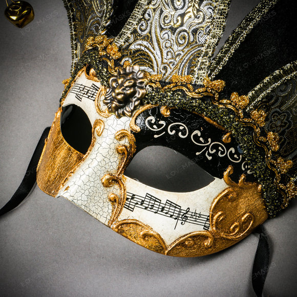 Jester Joker Venetian Musical Eye Mask with Bells - Black Gold - Picture 6 of 10